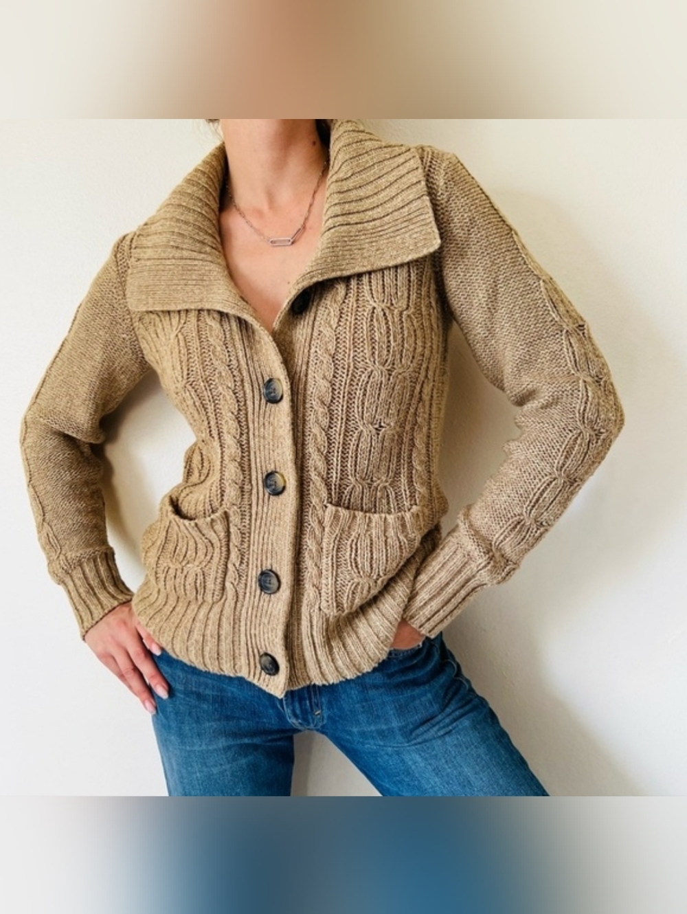 St Johns Bay Cable Knit Wide Collar Cardigan Sweater - Beige